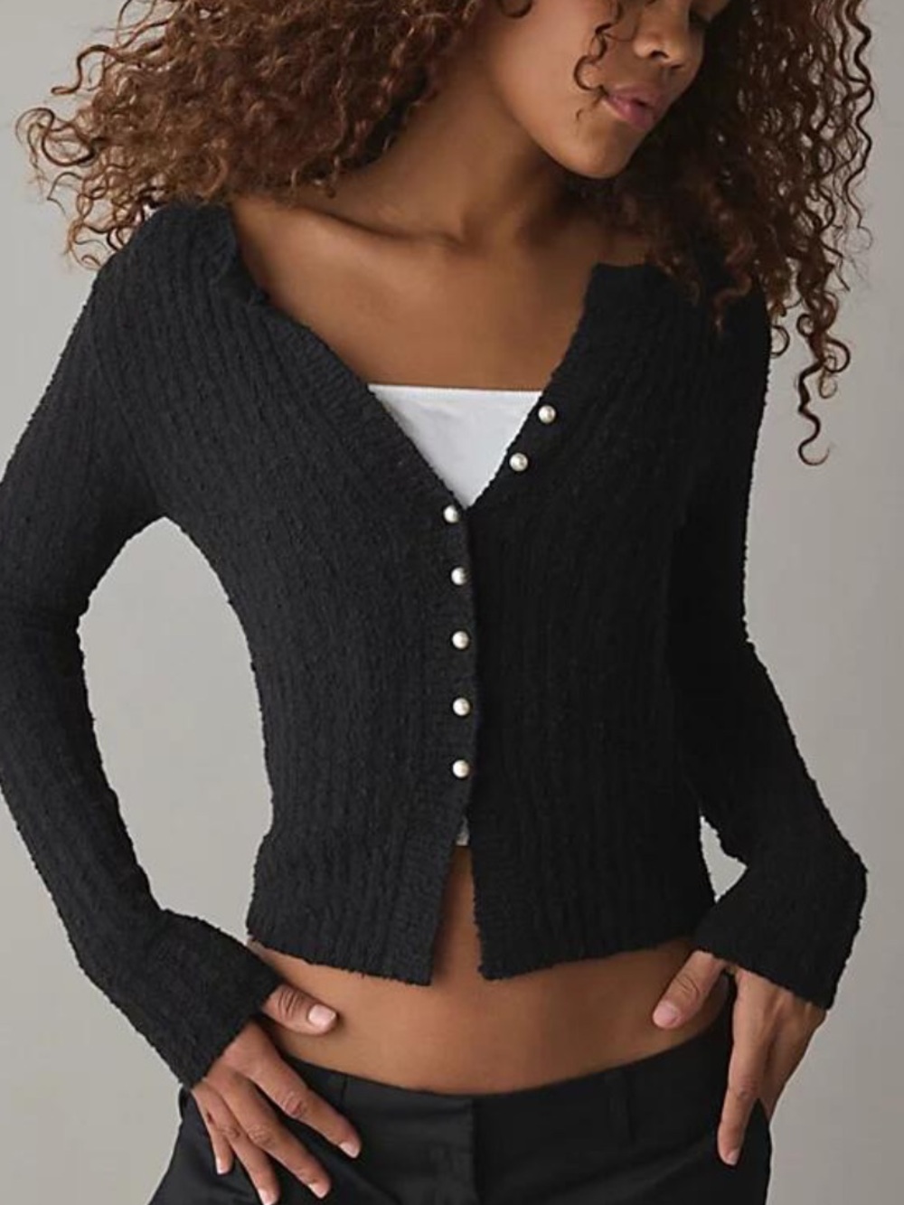 Kimchi Blue Black Button-Front Ribbed Cardigan Sweater Size Large